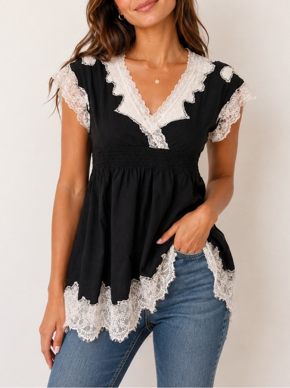 Flying Tomato Lace Trim Boho Tunic Top Black Cream Coquette Romantic Size S